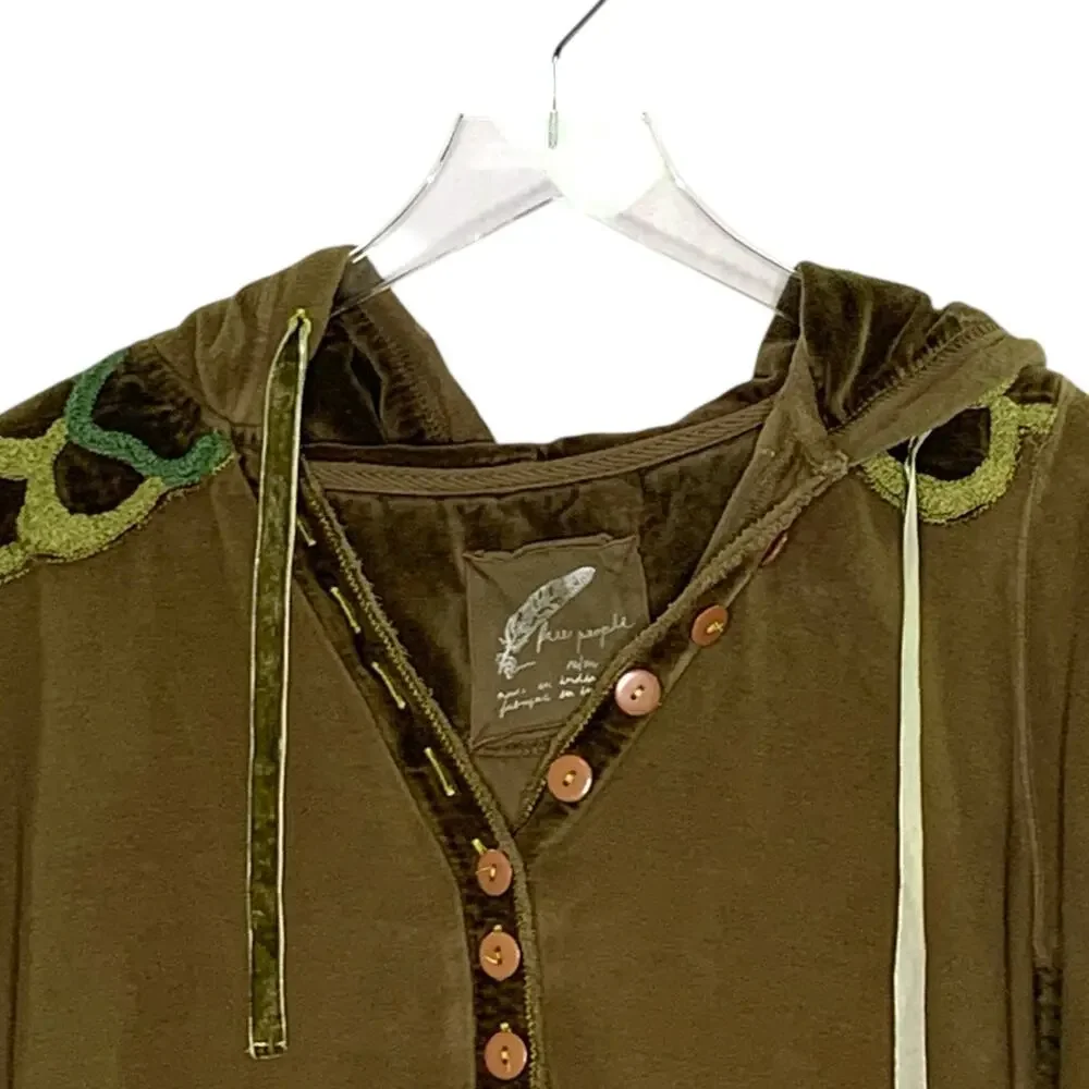Free People Olive Green Hooded Sweatshirt with Embroidered Accents